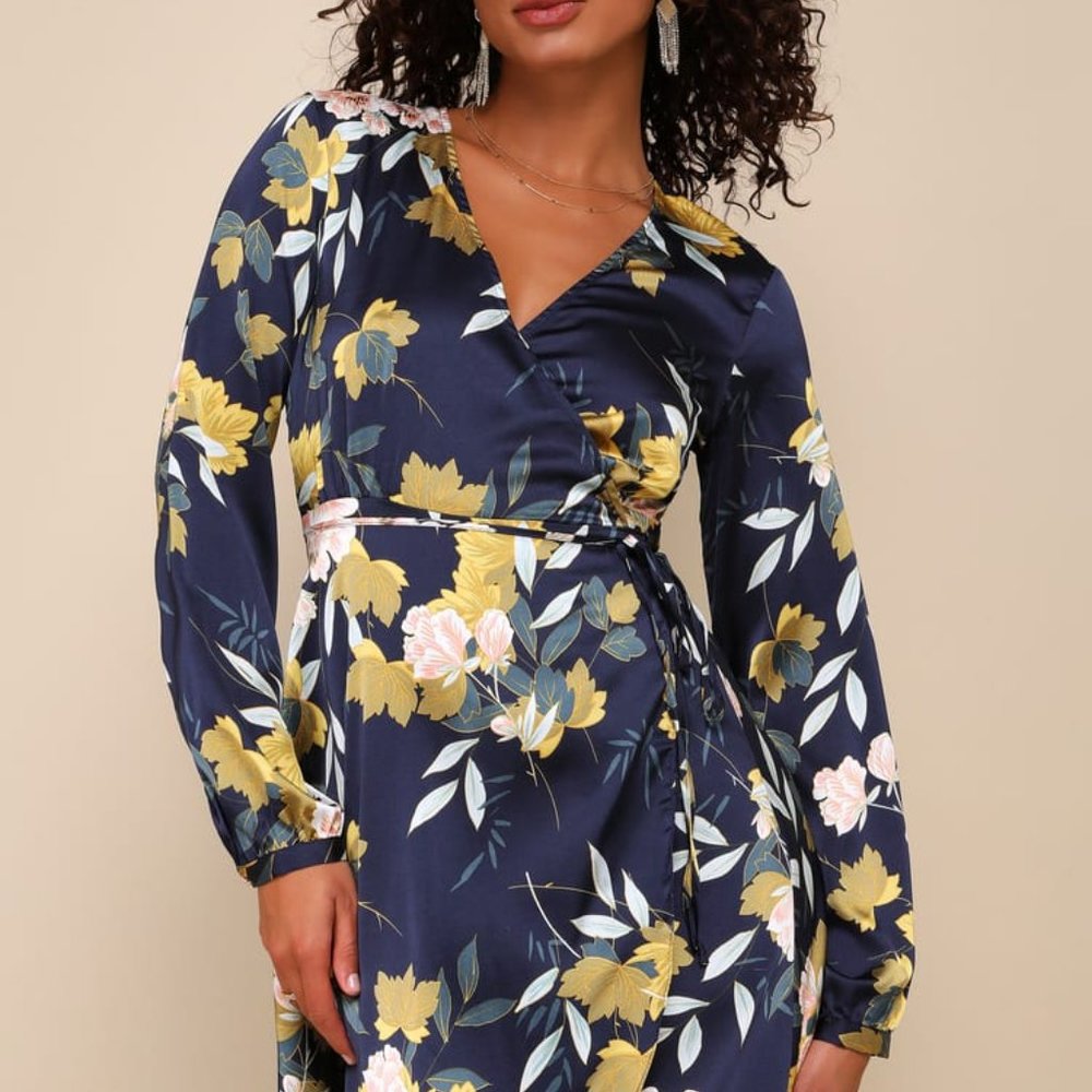 Lulu's Navy Blue Floral Print Satin Wrap Dress